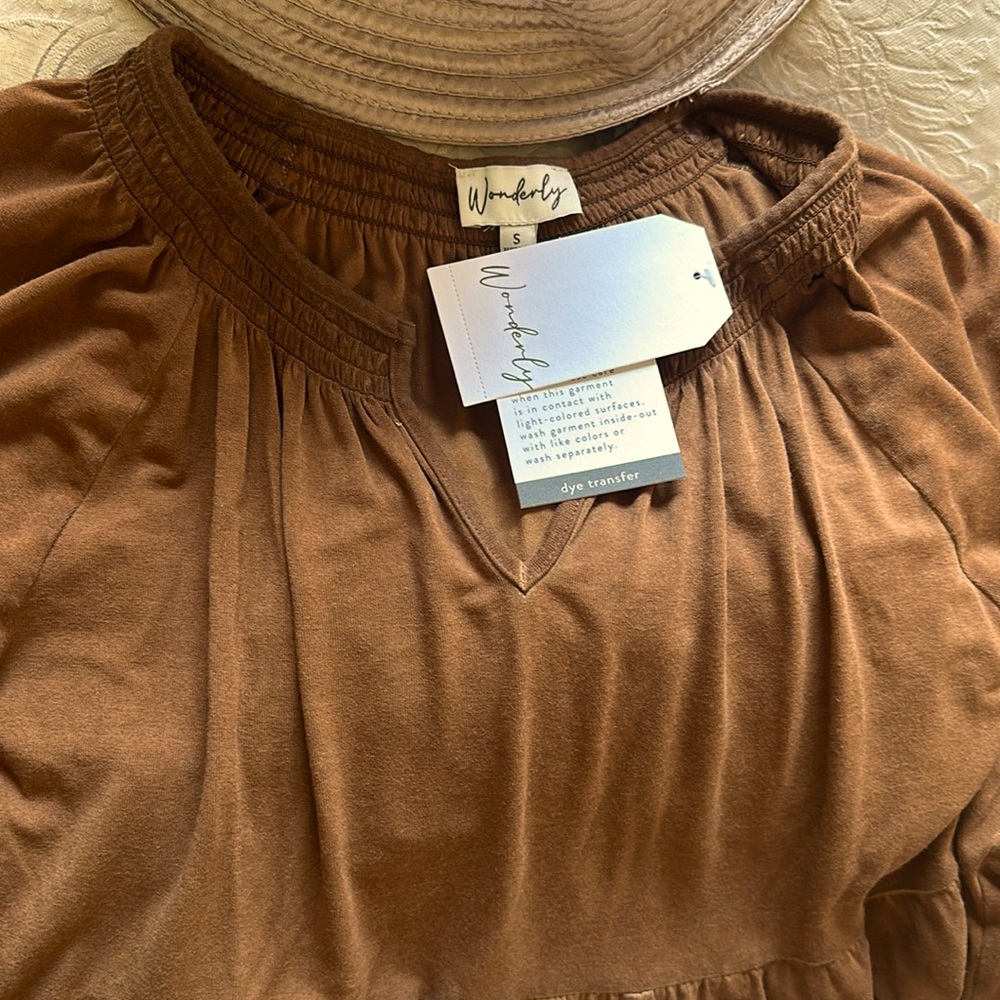 Wonderly Tiered Dress Size Small Brown Long Sleeve Washed Look Excellent